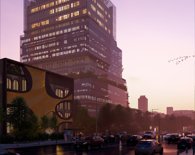 Parametric facade design office building by Vogue Architect Rose gold metal facade with LED lighting at night Commercial building architecture with parametric geometry Modern office architecture facade system India Contemporary G+3 building by Vogue Architect Facade detail showing organic curved design and lighting Urban commercial street view with Vogue Architect building