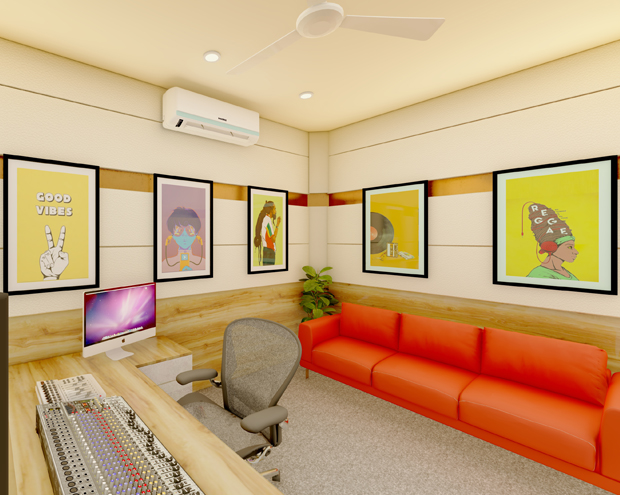 🎵 Music Recording Studio Interior – Bhubaneswar Designed by Vogue Architect & Interiors | Location: Bhubaneswar, Odisha | Design Style: Contemporary • Acoustic Optimized • Minimal Luxe Project Brief Designed by Vogue Architect, this music recording studio interior in Bhubaneswar blends modern design aesthetics with high-performance acoustic engineering. The layout ensures precision in sound recording and comfort, while maintaining a creative and inspiring ambiance. The walls are finished in leather-textured acoustic panels with elegant gold detailing, adding both visual rhythm and sound insulation. A balance of warm neutral tones and vibrant coral highlights gives the studio its contemporary charm, complemented by artistic wall frames and modern pendant lighting. The space is divided into a vocal booth and a control room, connected visually through a double-glazed soundproof window — enabling seamless communication between artist and engineer. Design Specifications Acoustic Treatment: Leather-textured wall panels with gold inserts for premium sound absorption. Color Palette: Beige, Coral Red, and Metallic Gold. Flooring: Sound-insulated carpet for acoustic performance. Lighting: Ambient and task lighting with suspended pendants. Furniture: Ergonomic workstation, artist seating, and custom recording setup. Special Features: Double-glazed soundproof glass window, decorative wall art, and indoor plant integration. Project Details Project Type: Commercial Interior – Music Recording Studio Designed By: Vogue Architect & Interiors Location: Bhubaneswar, Odisha Area: (Approx. fill in sq.ft.) Year: 2025 Design Style: Contemporary | Acoustic | Minimal Luxe About Vogue Architect Vogue Architect & Interiors is a Bhubaneswar-based design studio specializing in residential, commercial, and hospitality architecture. We believe in crafting functional, timeless spaces that combine innovation with artistry — from modern homes and boutique resorts to creative workspaces. Get Design Consultation